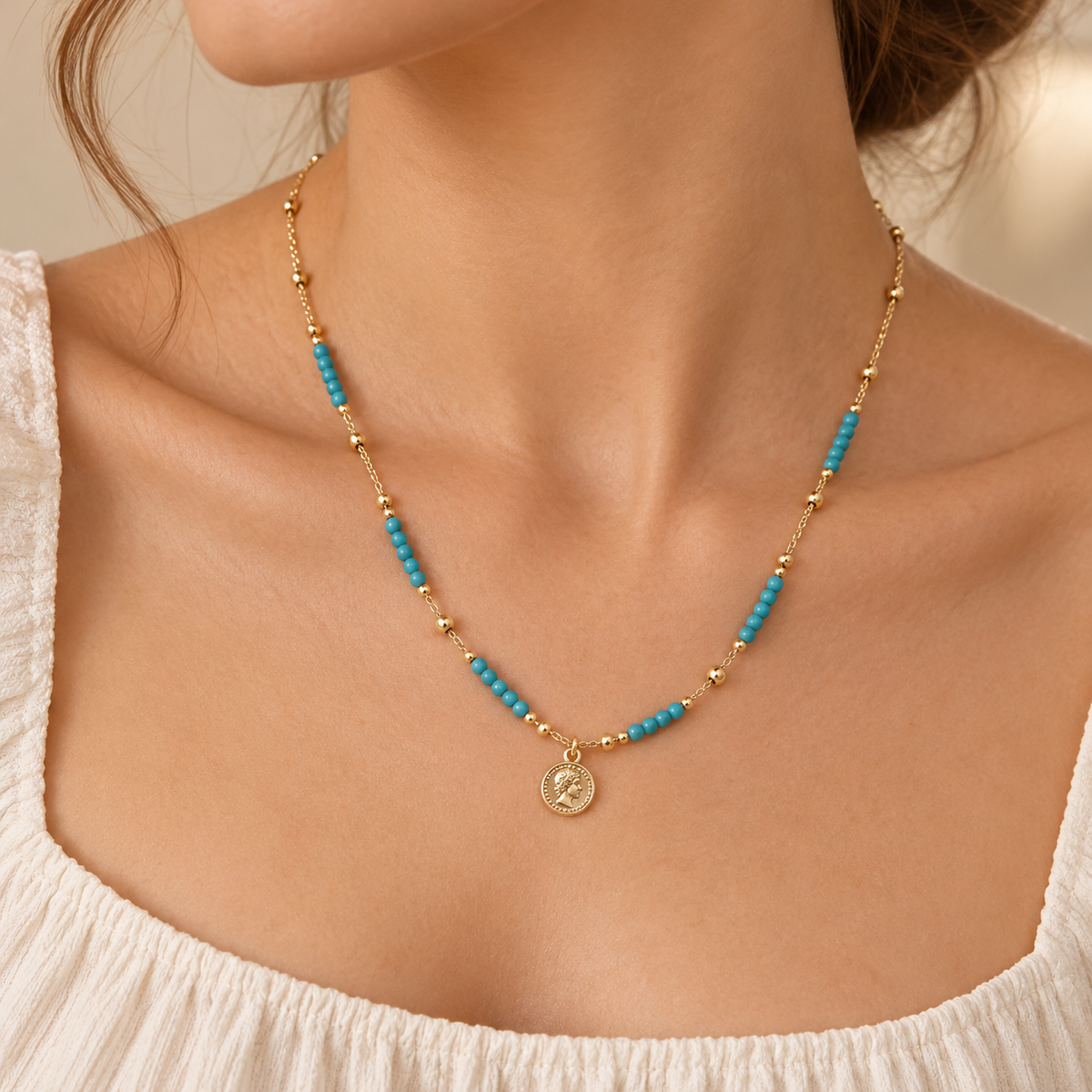 Turquoise Beaded coin necklace