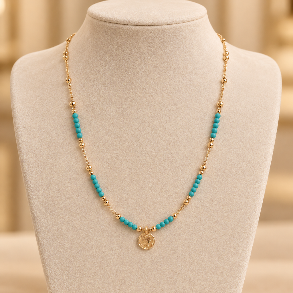 Turquoise Beaded coin necklace