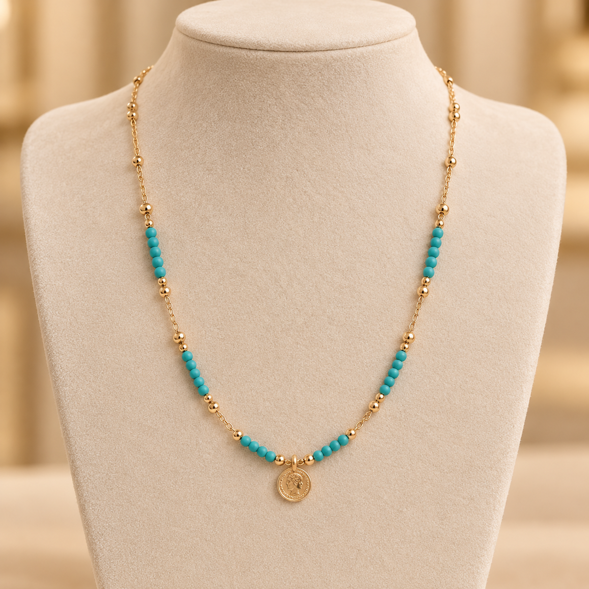 Turquoise Beaded coin necklace