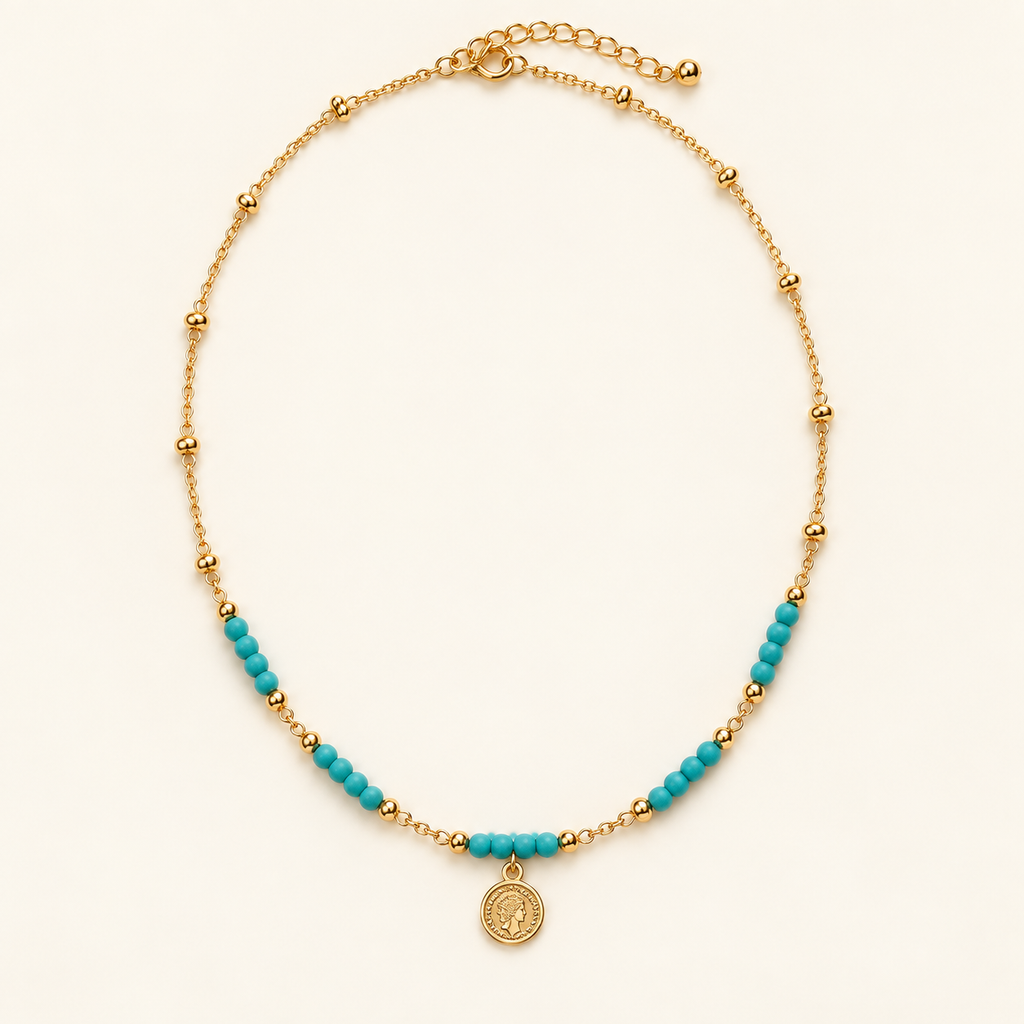 Turquoise Beaded coin necklace