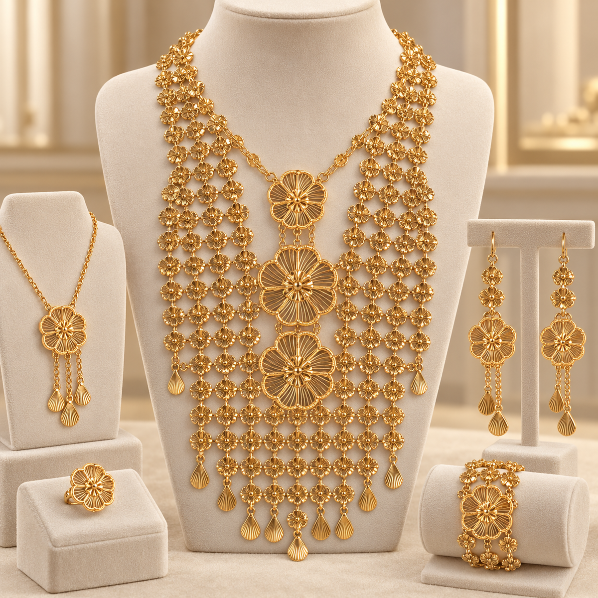 Luxury Floral Fashion gold-Tone Jewelry Set